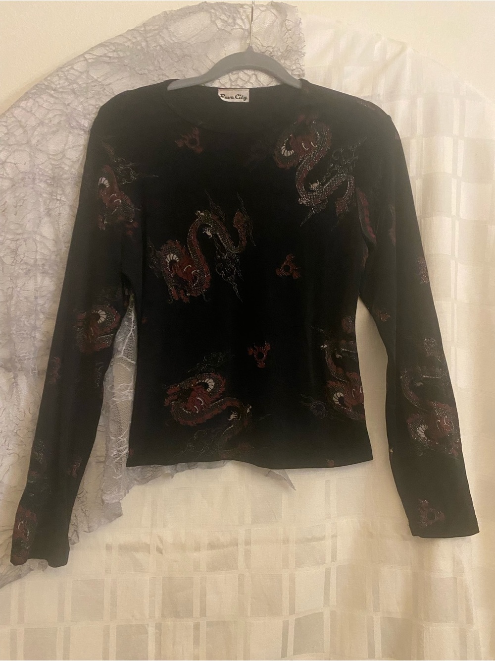 Rave City Black Long Sleeve Tee with Red Dragon Print